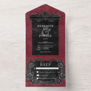 Gothic Black Border 4 & Black Roses Wine No Dinner All In One Invitation