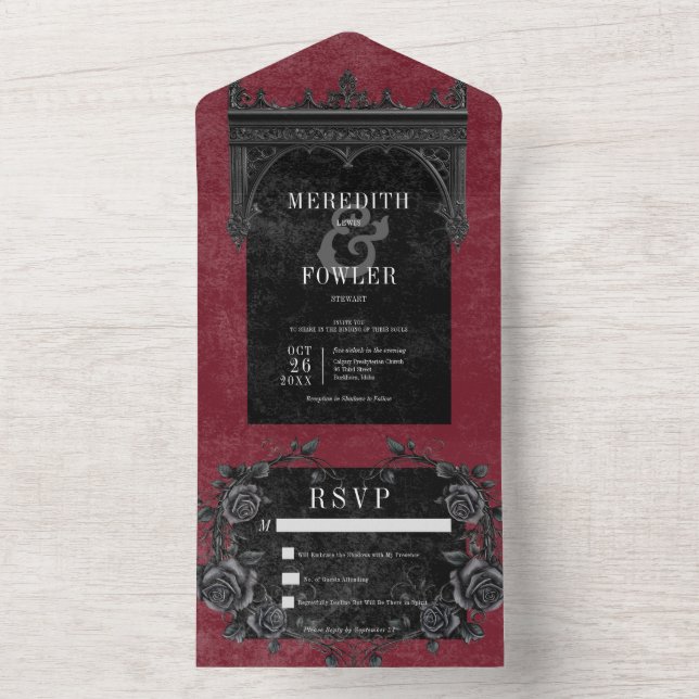 Gothic Black Border 7 & Black Roses Wine No Dinner All In One Invitation (Inside)