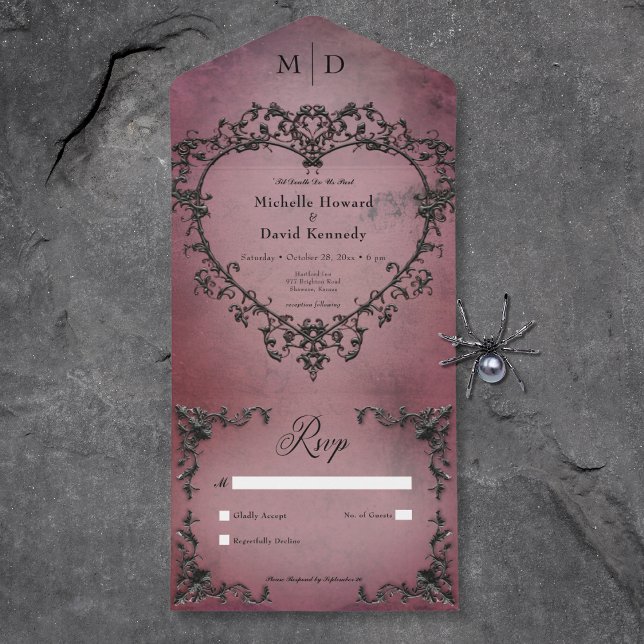 Gothic Black & Burgundy Filigree Heart No Dinner All In One Invitation (Gothic Black & Burgundy Filigree Heart No Dinner All In One Invitation)