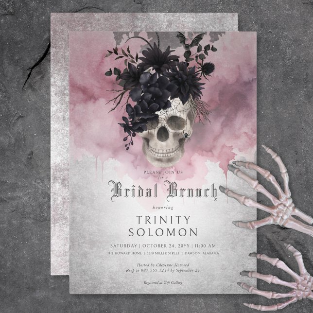 Gothic Black & Burgundy Floral Skull Bridal Brunch Invitation (Gothic Black & Burgundy Floral Skull Bridal Brunch Invitation)
