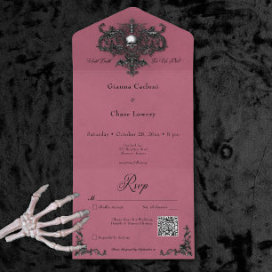 Gothic Black & Burgundy Halloween Filigree QR Code All In One Invitation