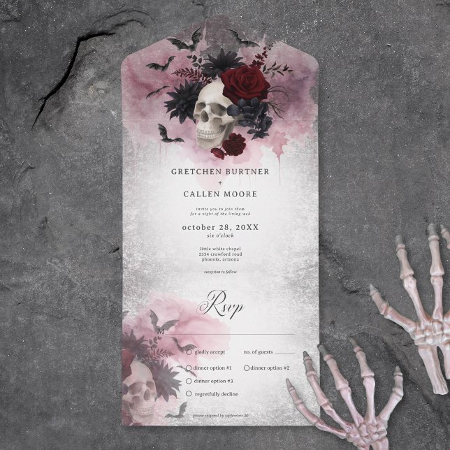 Gothic Black & Burgundy Skull & Bats Dinner All In One Invitation (Gothic Black & Burgundy Skull & Bats Dinner All In One Wedding Invitation)