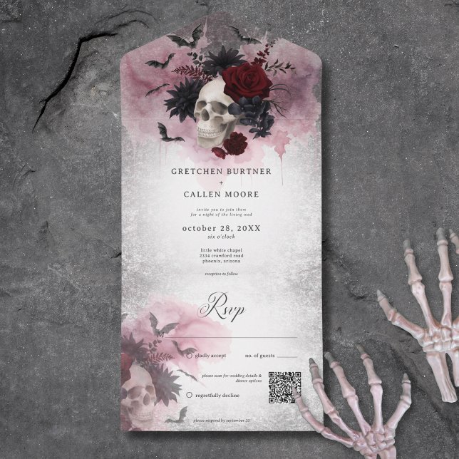Gothic Black & Burgundy Skull & Bats QR Code All In One Invitation (Gothic Black & Burgundy Skull & Bats QR Code All In One Invitation)