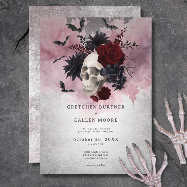 Gothic Black & Burgundy Skull & Bats Wedding Invitation (Gothic Black & Burgundy Skull & Bats Wedding Invitation)