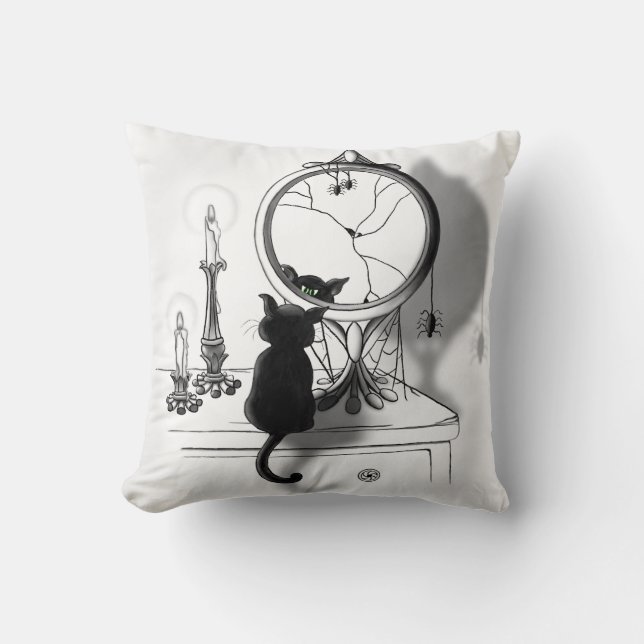 Gothic Black Cat Broken Mirror Halloween Throw Pillow (Front)