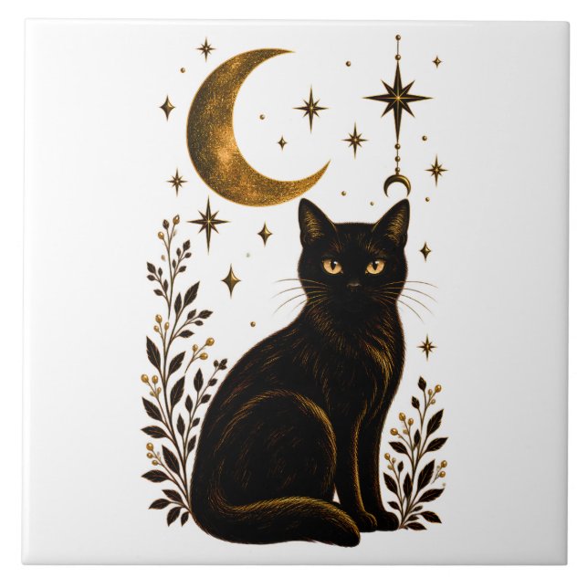 Gothic Black Cat Celestial Moon Botanical Tile (Front)