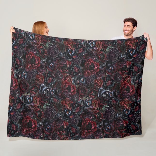 Gothic Black Cat & Dark Flowers Pattern  Fleece Blanket (In Situ)