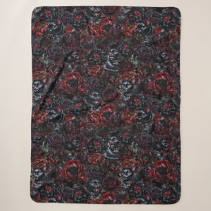 Gothic Black Cat & Dark Flowers Pattern Sherpa Blanket