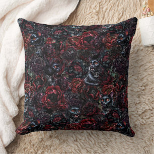 Gothic Black Cat & Dark Flowers Pattern Throw Pillow