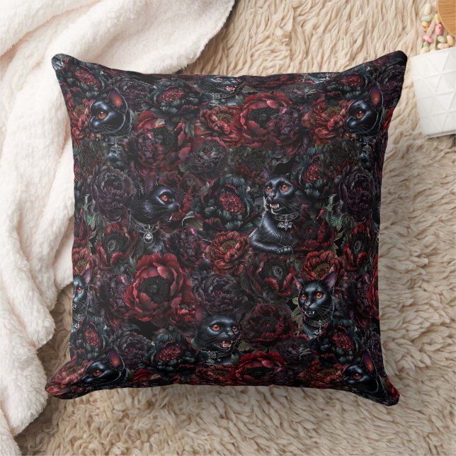 Gothic Black Cat & Dark Flowers Pattern Throw Pillow (Blanket)
