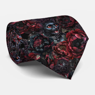 Gothic Black Cat & Dark Flowers Pattern Tie