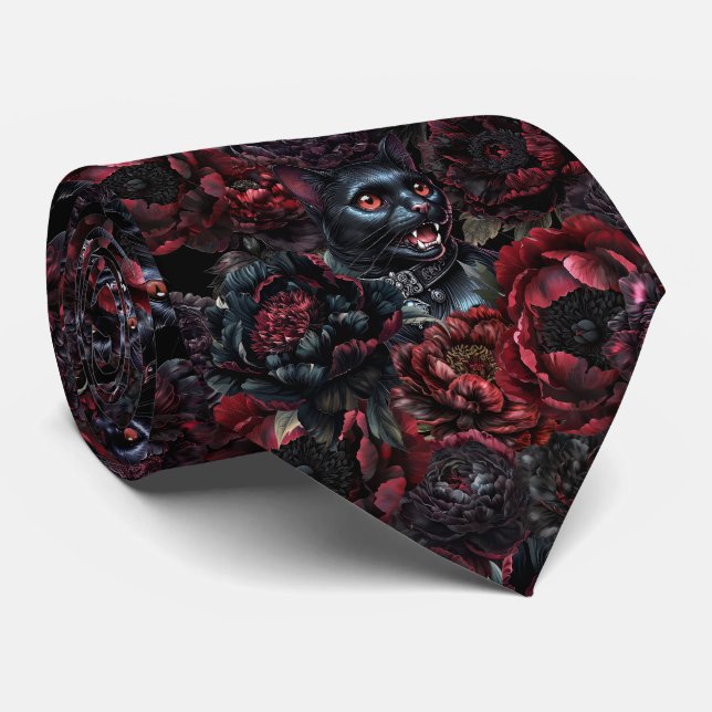 Gothic Black Cat & Dark Flowers Pattern  Tie (Rolled)
