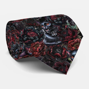 Gothic Black Cat & Dark Flowers Pattern Tie