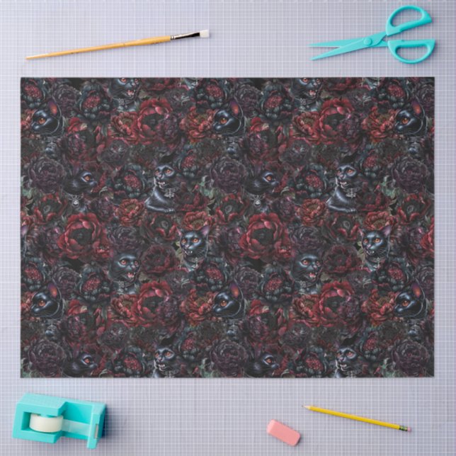 Gothic Black Cat & Dark Flowers Pattern  Tissue Paper (Craft)