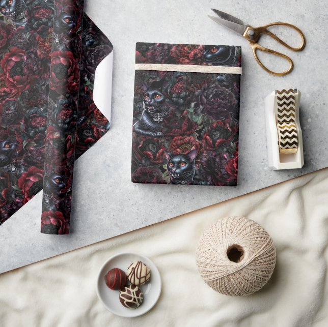 Gothic Black Cat & Dark Flowers Pattern  Wrapping Paper (Crafts)