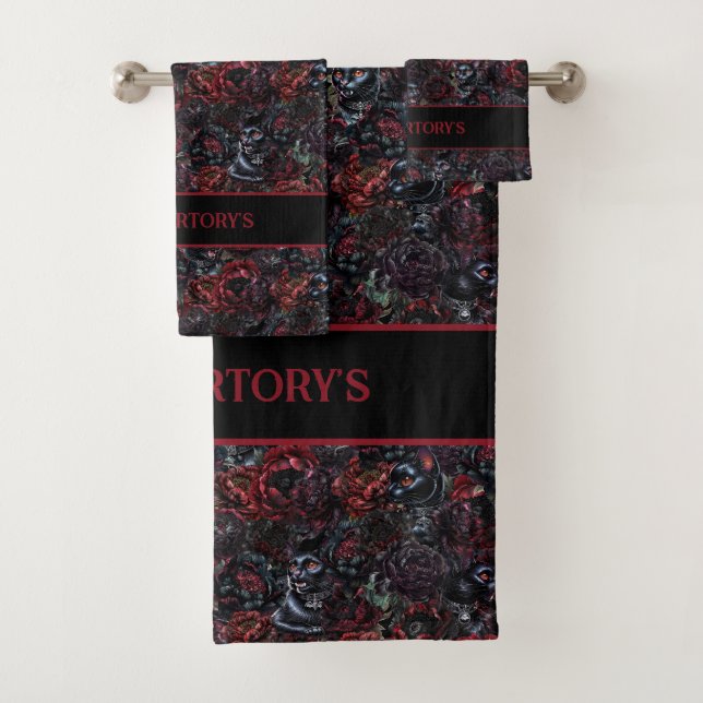 Gothic Black Cat & Dark Flowers Personalized Bath Towel Set (Insitu)