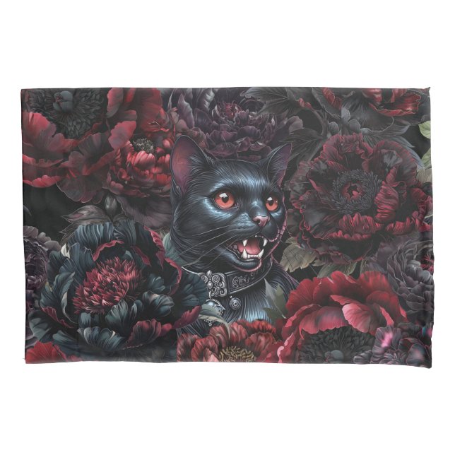 Gothic Black Cat & Dark Flowers  Pillowcase (Front)