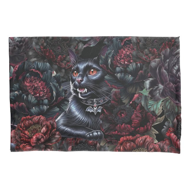 Gothic Black Cat & Dark Flowers  Pillowcase (Front)