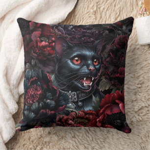 Gothic Black Cat & Dark Flowers Throw Pillow