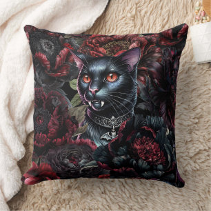 Gothic Black Cat & Dark Flowers Throw Pillow