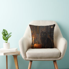 Gothic Black Cat Halloween Throw Pillow