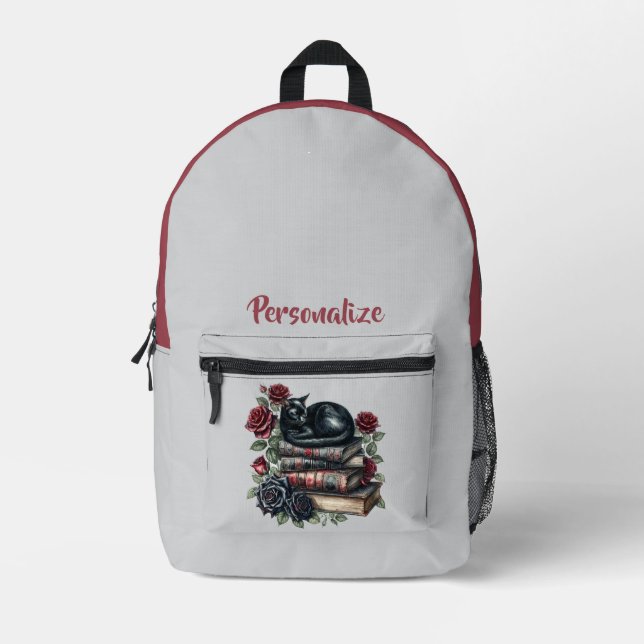 Gothic Black Cat Mystical Books & Red Roses Design Printed Backpack (Front)