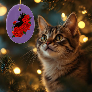 Gothic Black Cat Red Roses Purple Ceramic Ornament