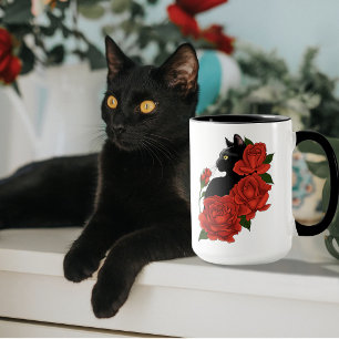 Gothic Black Cat Red Roses Purple Mug