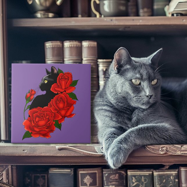 Gothic Black Cat Red Roses Purple Tile (Creator Uploaded)
