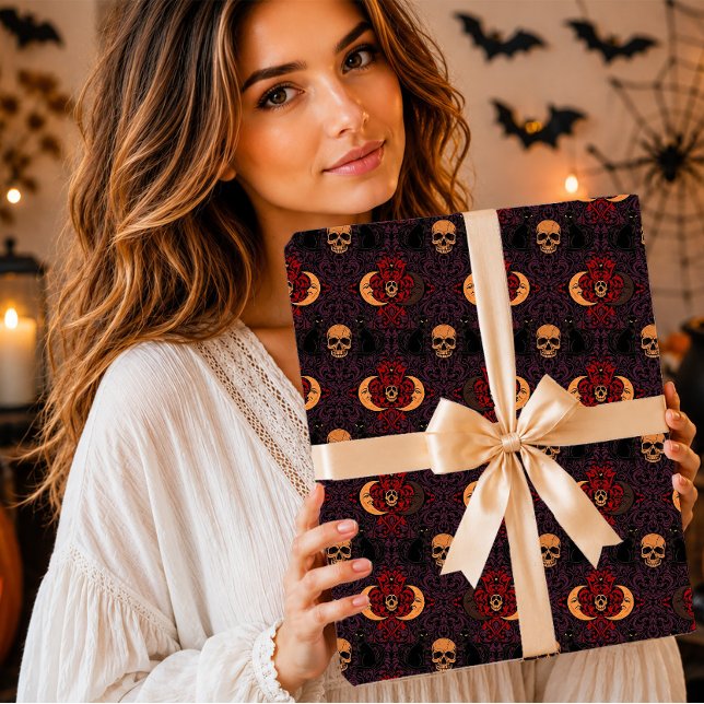 Gothic Black Cat Skull Crescent Moon Damask Wrapping Paper (Creator Uploaded)