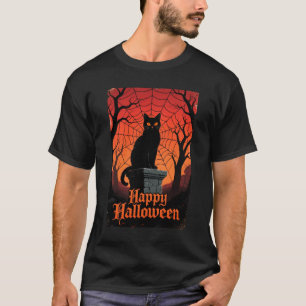Gothic Black Cat Spiderweb Vintage Halloween Par T-Shirt