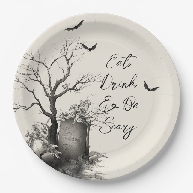 Gothic Black Cat Spooky Halloween Paper Plate (Front)