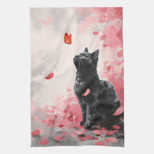 Gothic Black Cat with Crimson Butterfly and Sakura Kitchen Towel