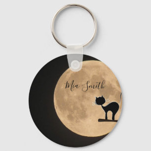 Gothic black cat with full moon personal name keychain