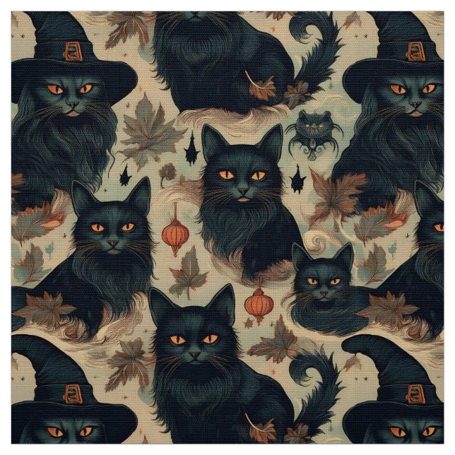 Gothic black cats in witch hat pattern fabric (Swatch)