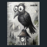 Gothic Black Crow Spooky Notebook<br><div class="desc">Design features a haunting black crow with oversized,  spooky eyes perched on top of a clock tower. Customize it with your name or initials.

Copyright Soar In Style Designs LLC.</div>