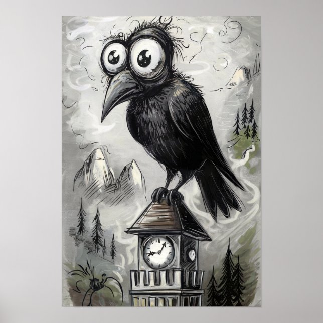 Gothic Black Crow & Tower Spooky Halloween Poster (Front)