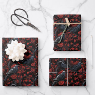 Gothic Black Crows and Red Roses  Wrapping Paper Sheet