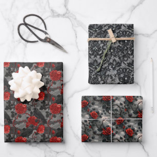 Gothic Black Crows Red Roses Thorns Dark Wrapping Paper Sheet