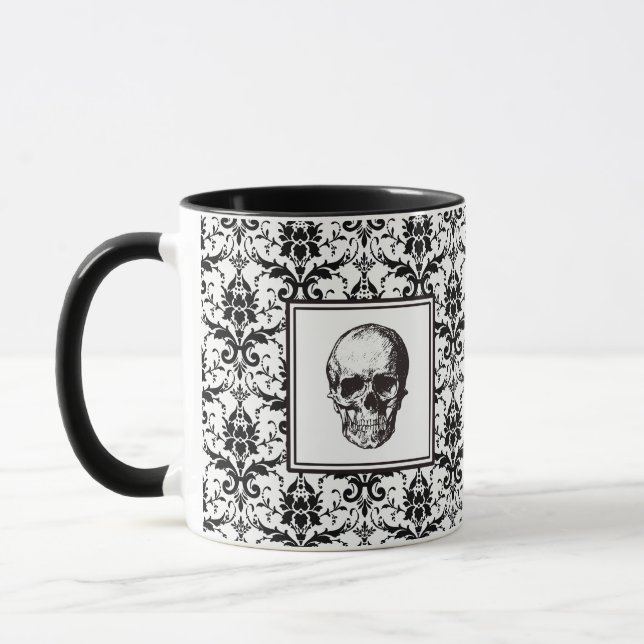 Gothic Black Damask Pattern Skull Halloween Mug (Left)