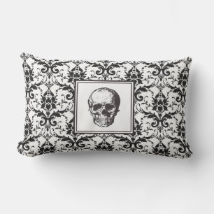 Gothic Black Damask Pattern Skull Halloween Outdoor Pillow