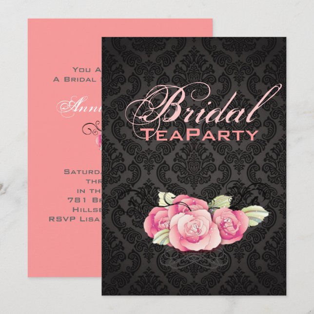 Gothic Black damask pink rose bridal shower Invitation (Front/Back)