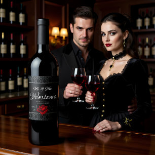 Gothic Black Damask Rose Wedding Wine Label