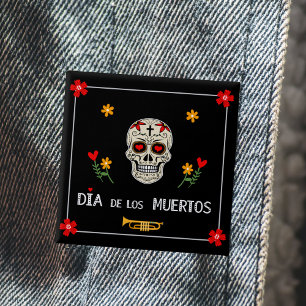 Gothic Black Dia de los Muertos Sugar Skull Flower 2 Inch Square Button