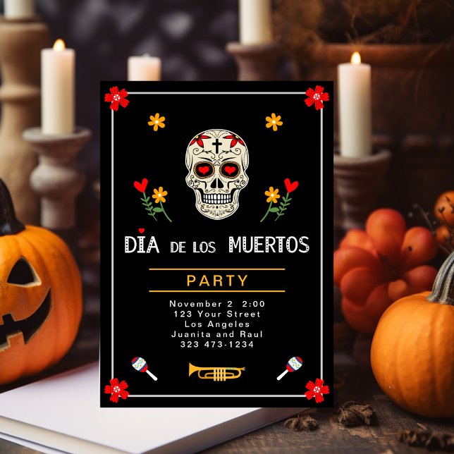Gothic Black Dia de los Muertos Sugar Skull Flower Invitation (Creator Uploaded)