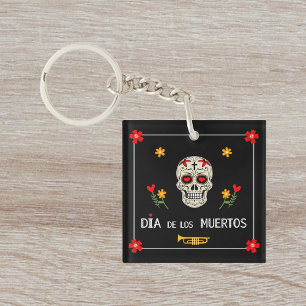 Gothic Black Dia de los Muertos Sugar Skull Flower Keychain
