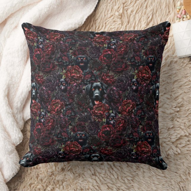 Gothic Black Dog & Dark Flowers Pattern Throw Pillow (Blanket)