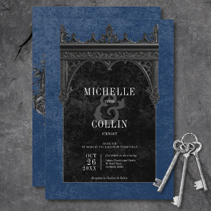Gothic Black Double Arch Black Roses Blue Wedding Invitation