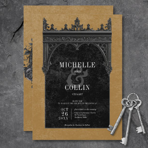 Gothic Black Double Arch Black Roses Gold Wedding Invitation
