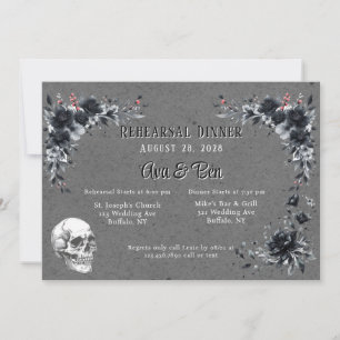 Gothic Black Floral and Skull Rehearsal Dinner Invitation